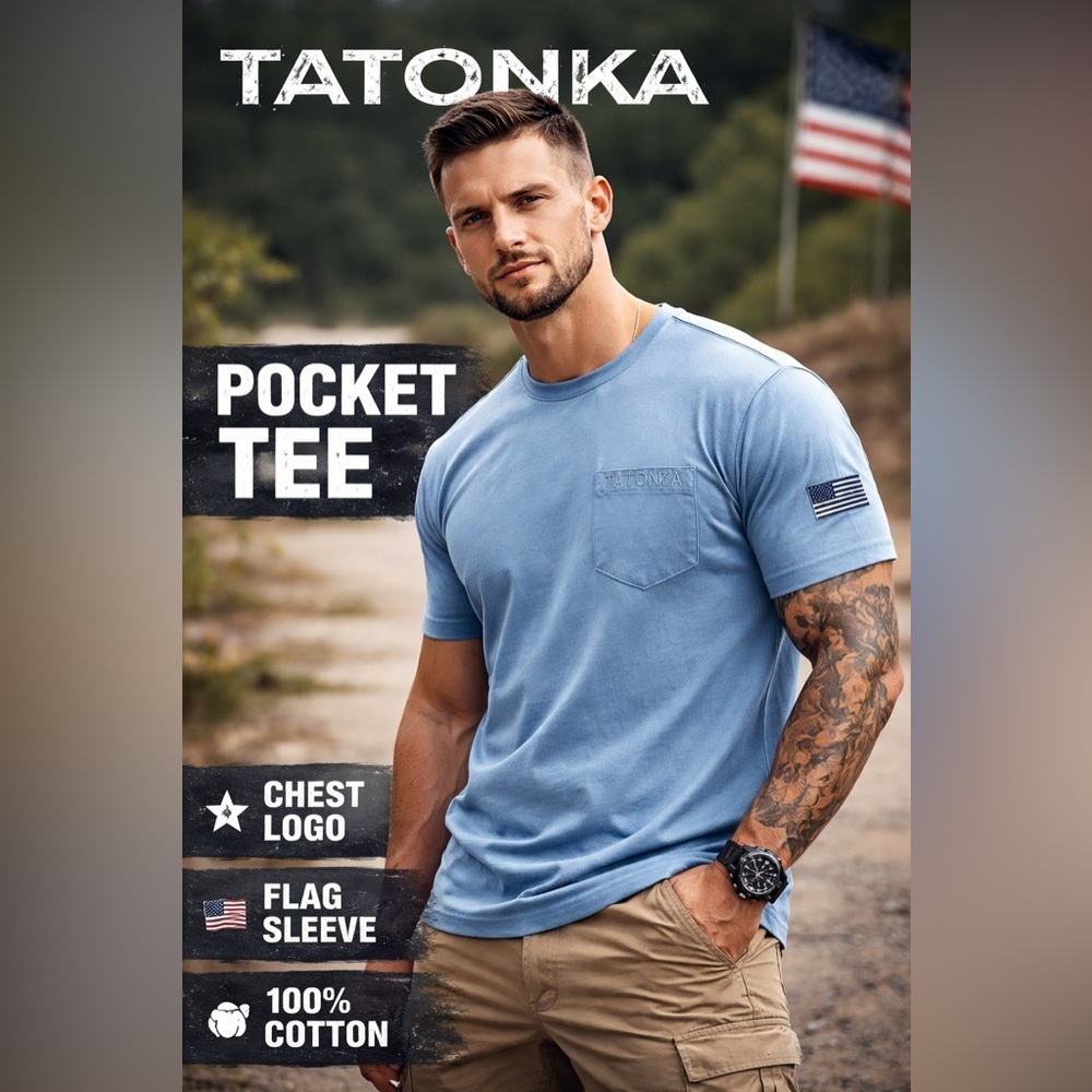 Tatonka Pocket Tee Shirt Blue American Flag Logo Size L Cotton